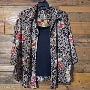 Leopard Floral Blouse Black Front Inset Layered Look Plus Size